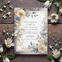 Soft Beige & Gray Floral Frame Wedding Invitation
