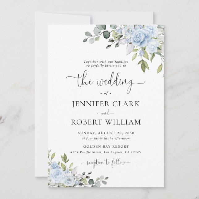 Soft Blue Botanical Wedding Invitation (Devant)