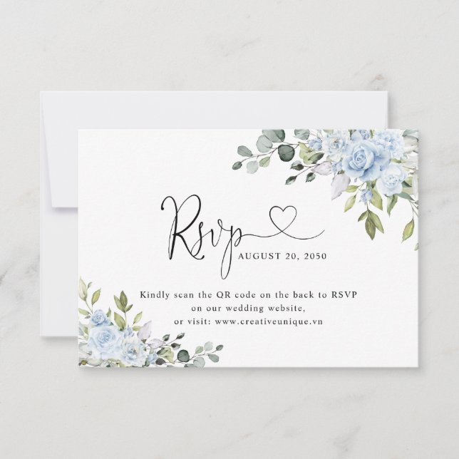 Soft Blue Botanical Wedding Website QR Code RSVP (Devant)