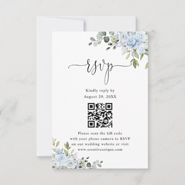 Soft Blue Botanical Wedding Website QR Code RSVP (Devant)