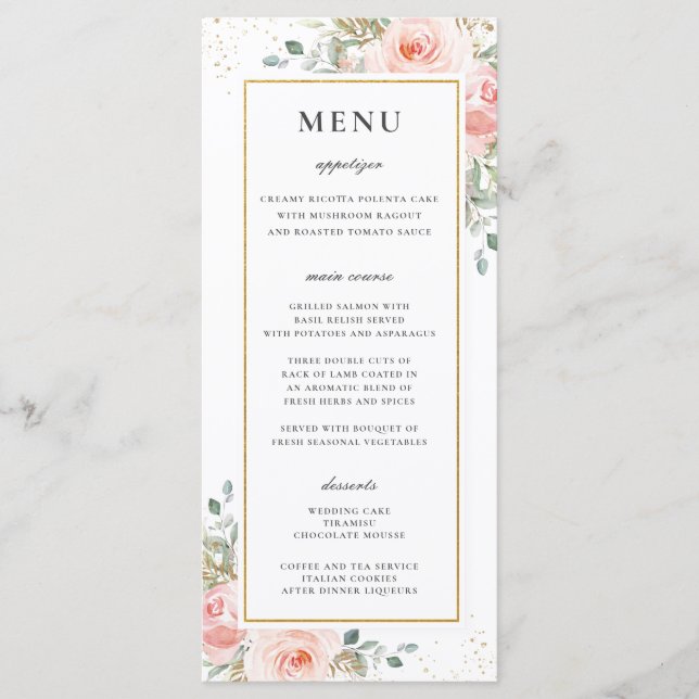 Soft Blush Rose Floral Gold Mariage Menu (Devant)