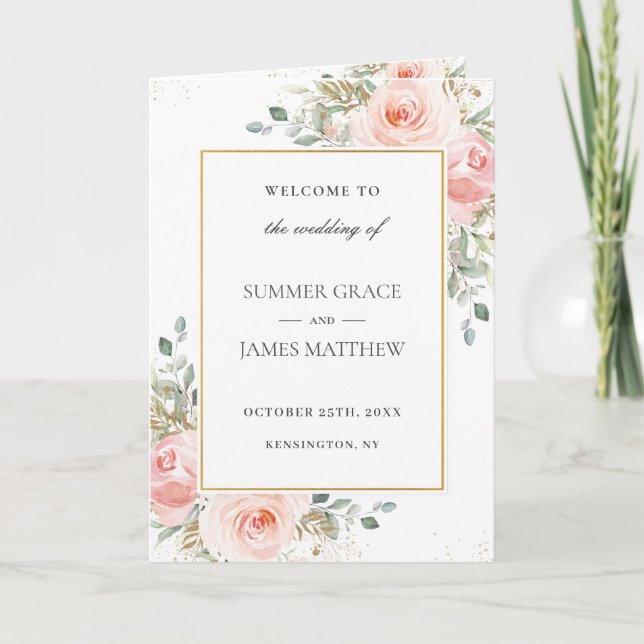 Soft Blush Rose Floral Gold Programme de mariage f (Devant)