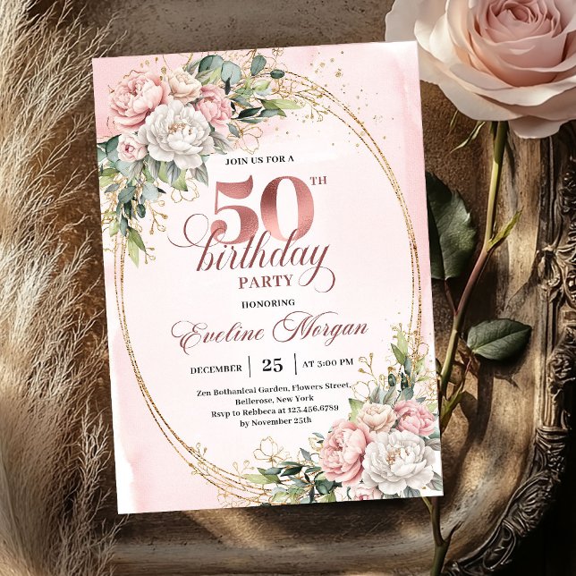 Soft Botanical Blush 50th Birthday Invitation (Soft Botanical Blush 50th Birthday Invitation)
