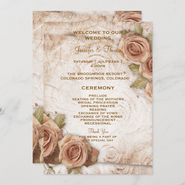 Soft Coloured Roses Wedding Programme (Devant / Derrière)