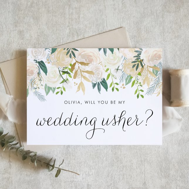 Soft Ivory Floral Garland Serez-Vous Mon Usher (Botanical wedding usher proposal card featuring ivory flowers, greenery, and faux gold foil accents.)