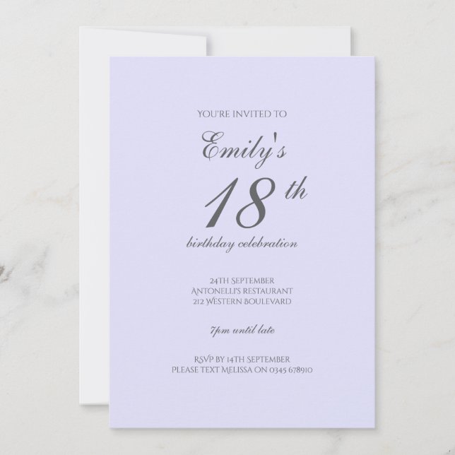Soft Lavender Minimalist 18th Birthday Invitation (Devant)