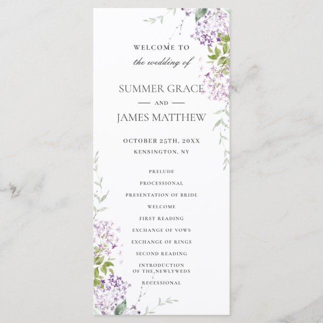 Soft Lilac Purple Floral Programme de mariage vert (Devant)