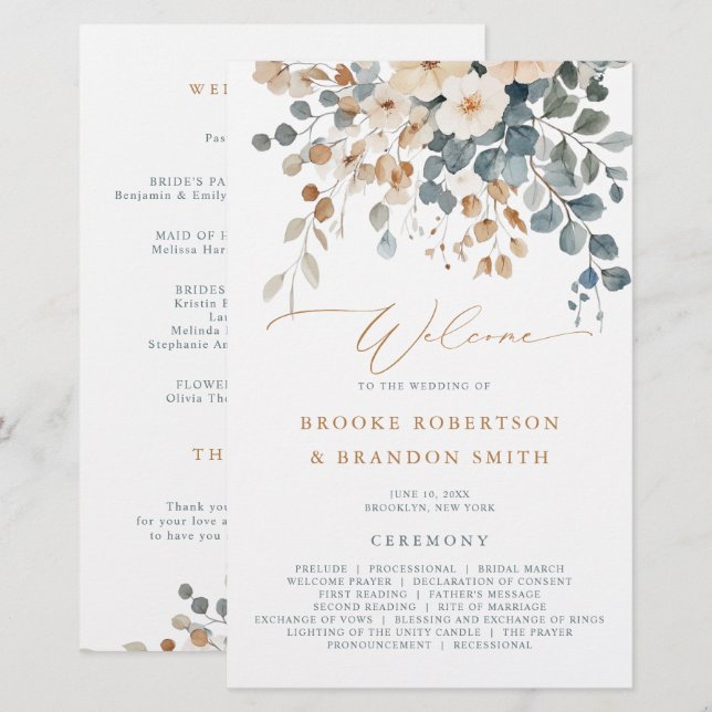 Soft Muted Tone Floral Wedding Programme (Devant / Derrière)