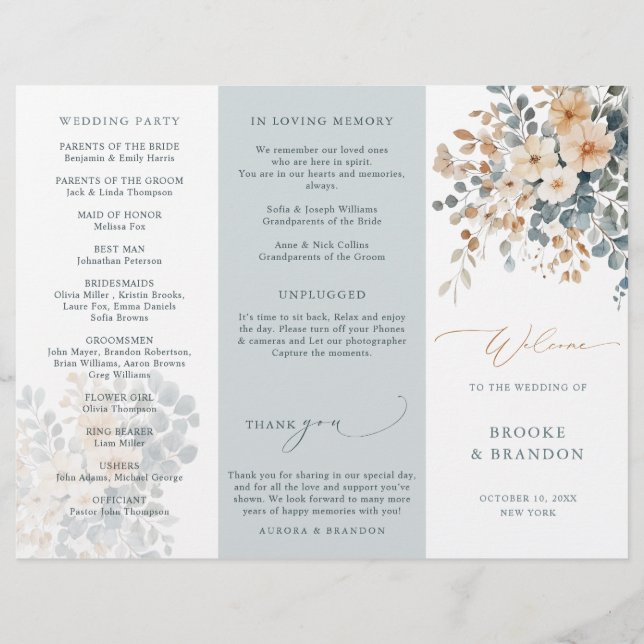 Soft Muted Tone Floral Wedding Programme (Devant)