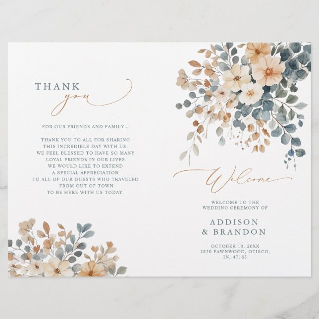 Soft Muted Tone Floral Wedding Programme (Devant)