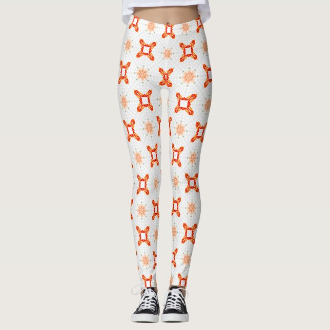 Soft Orange-Red Floral & Frame Pattern Leggings (Devant)