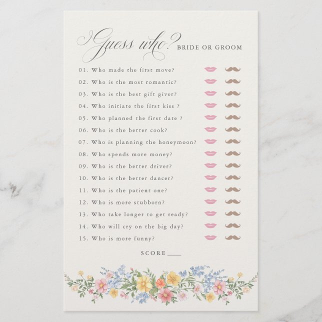 Soft Pastel Ornate Spring chic Bridal Shower Game (Devant)