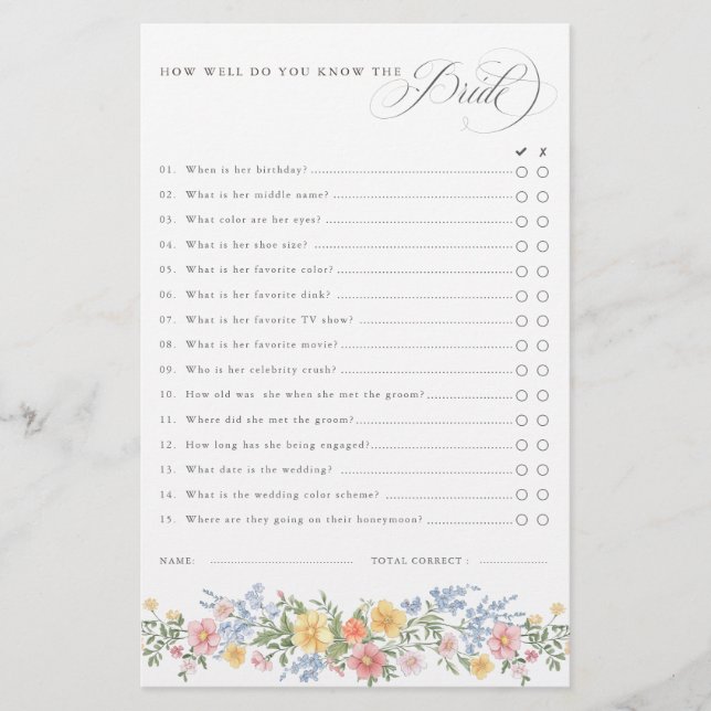 Soft Pastel Ornate Spring chic Bridal Shower Game (Devant)