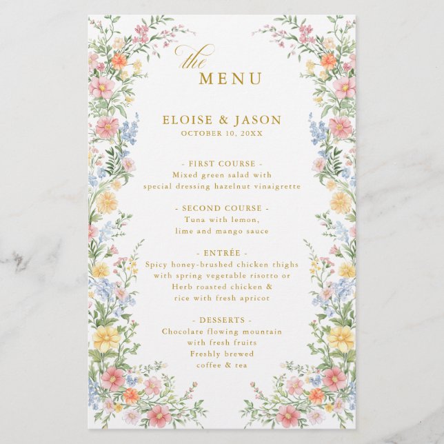 Soft Pastel Ornate Spring Garden Gold Wedding Menu (Devant)
