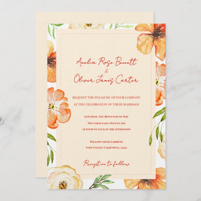 Soft Peach Garden Meadow Floral Wedding Invitation (Devant / Derrière)