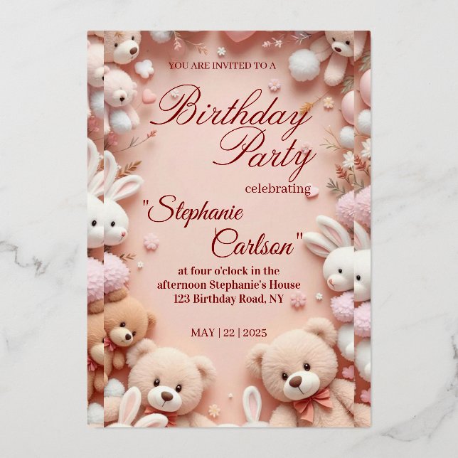 Soft Pink Teddy Bear Birthday Invitation (Recto)