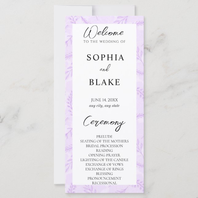 Soft Purple Feuilles et Foliage Wedding Programme (Devant)
