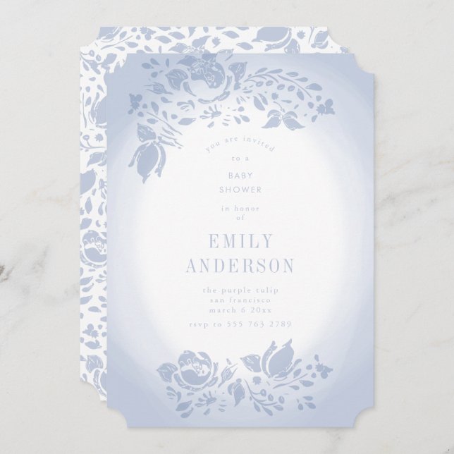 Soft Romantic Floral Baby shower Bleu Invitation (Devant / Derrière)