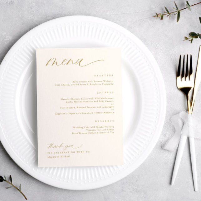 Soft Romantic Script Cream Gold Menus Mariage (Soft Romantic Gold and Cream Wedding Menus)
