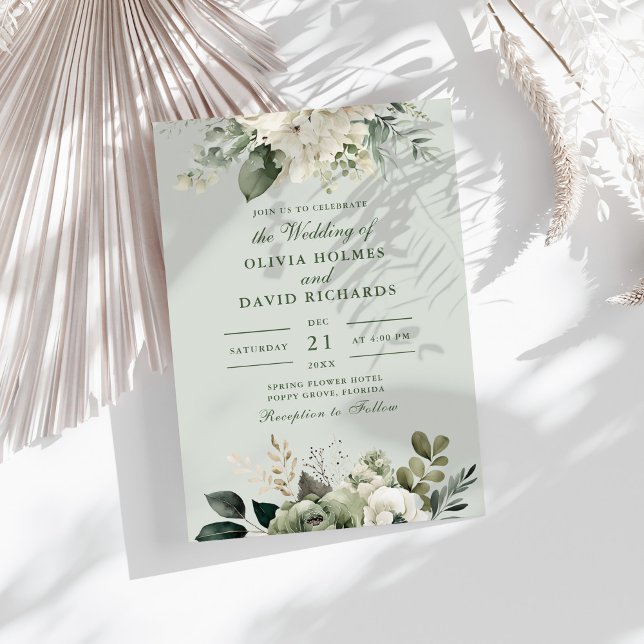 Soft Sage Green Floral Classic Wedding Invitation (Soft Sage Green Floral Classic Wedding Invitation on a sunny table with white dry botanicals)