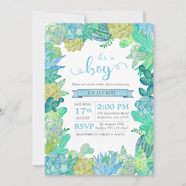 Soft Succulent & Cacti Boy Baby shower Invitation (Devant)