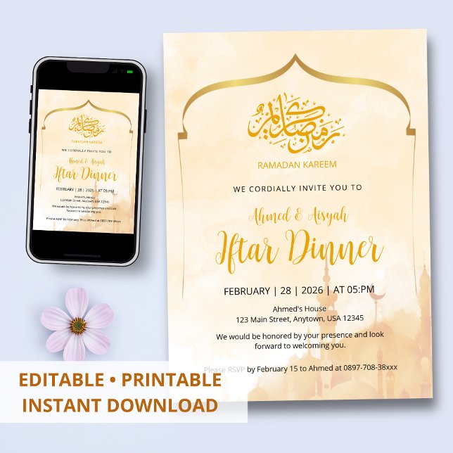 Soft Watercolor Gold Arch Islamic Iftar Invitation (Créateur téléchargé)
