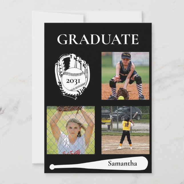 Softball 3 Photo Black Graduation Flat Card (Devant)