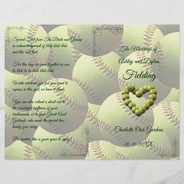 Softball Heart Mariage Theme Wedding Programme (Devant)