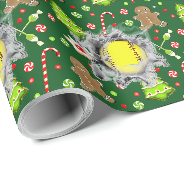 Softball Noël Vacances Papier cadeau enveloppant (Coin rond)