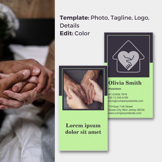 Soins de compassion Carte de visite de soins à dom (Compassionate Care Green Home Care Business Card, Tagline, Photo, Logo)