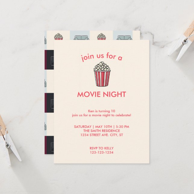 Soirée cinéma Anniversaire Fête Invitation (Devant/Arrière en situation)