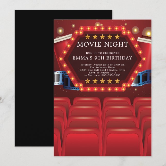 Soirée cinéma Invitations de fête d'anniversaire (Devant / Derrière)
