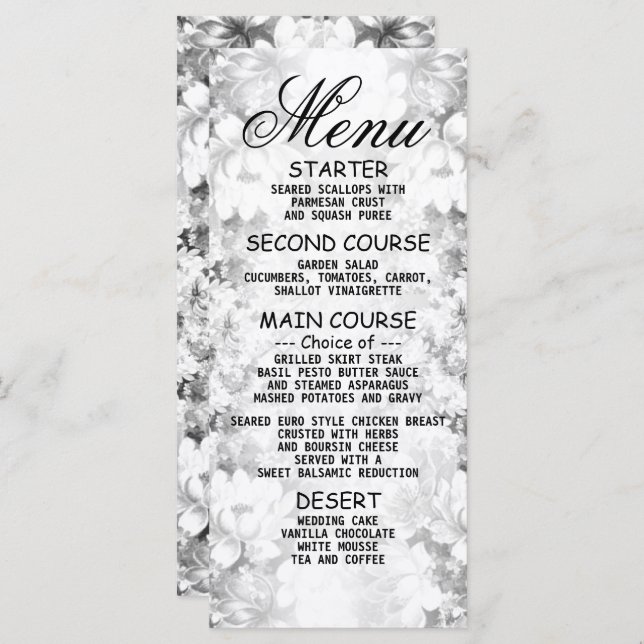 Soirée Mariage Argent Floral Élégant Dîner Menu (Devant / Derrière)