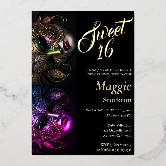 Soirée Masquerade Sweet 16 Invitation huile (Recto)