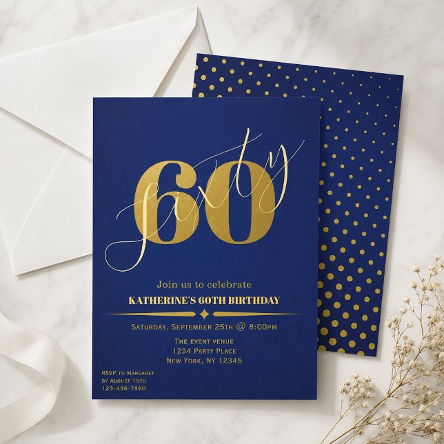 Soixante Élégante Invitation Bleu & Or pour 60e An (Créateur téléchargé)