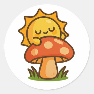 Soleil Kawaii sur Champignon – Autocollant