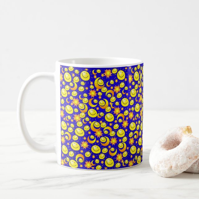 Soleil Lune Étoiles Jaune, Mug Bleu (Avec donut)
