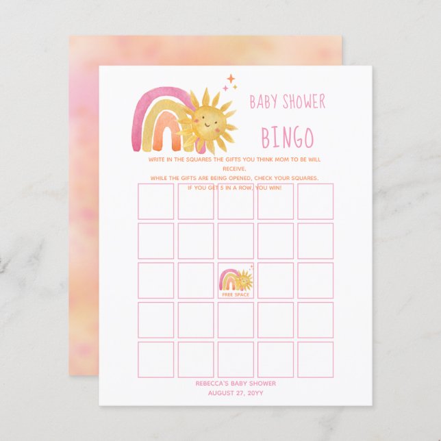 Soleil | Rainbow Sunshine Baby shower Bingo Invita (Devant / Derrière)