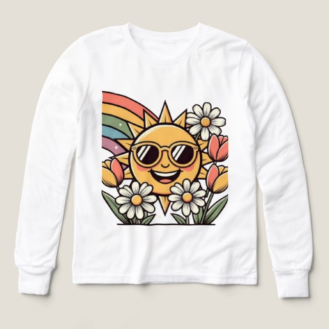 Soleil souriant rétro arc-en-ciel floral mignon es (Motif recto)