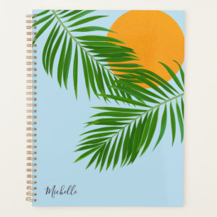 Soleil Tropical Rétro Palmiers Feuilles Bleu Nom M