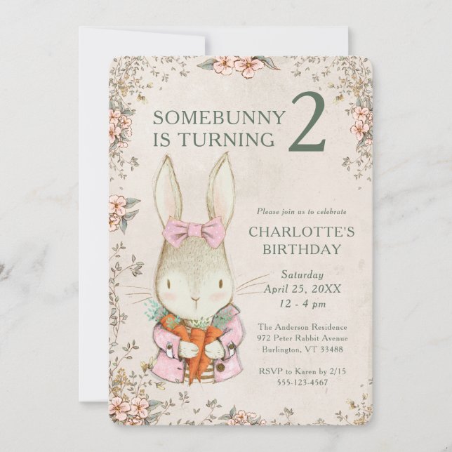 Somebunny is Turning Two 2nd Birthday Invitation (Devant)