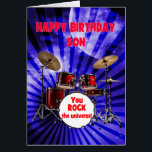 Son Birthday You Rock Drums<br><div class="desc">Une carte d'anniversaire pour un fils. Monte le volume sur les voeux d'anniversaire! Doté d'un ensemble frappant de batterie et de l'expression "Vous faites vibrer l'univers", cette carte est un moyen énergique de célébrer la vie de la fête. Qu’ils soient batteurs ou qu’ils aient juste des ondes rock-star, cette carte...</div>