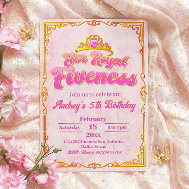 Son fief royal - Girl 5th Birthday Invitation (Her Royal Fiveness -  Princess Girl 5th Birthday Invitation)