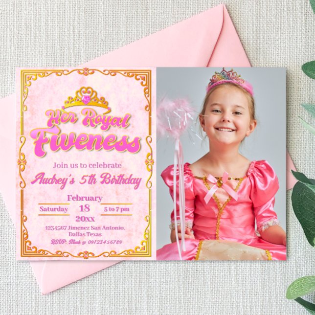 Son fief royal - Girl 5th Birthday Invitation (Her Royal Fiveness - Princess Girl 5th Birthday Landscape Invitation with Photo)
