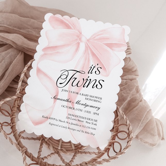Son invitation Jumeaux Nœud Papillon Rose Coquette (Créateur téléchargé)