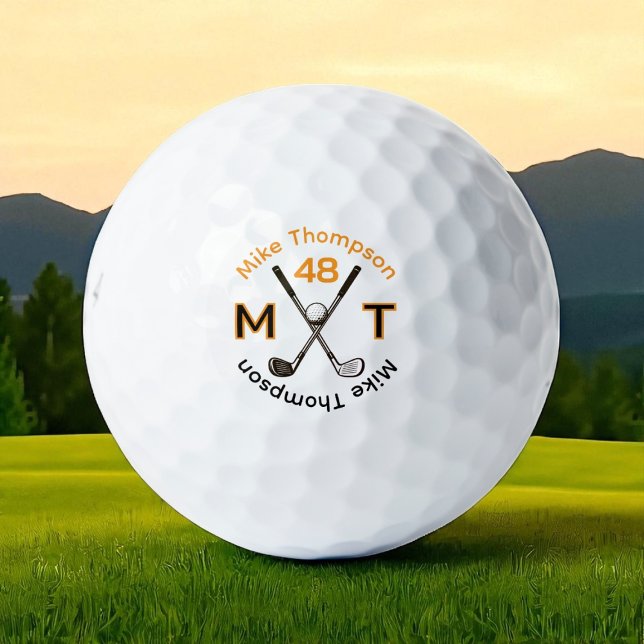 Son nom, initiales et âge balle de golf orange/noi (Créateur téléchargé)