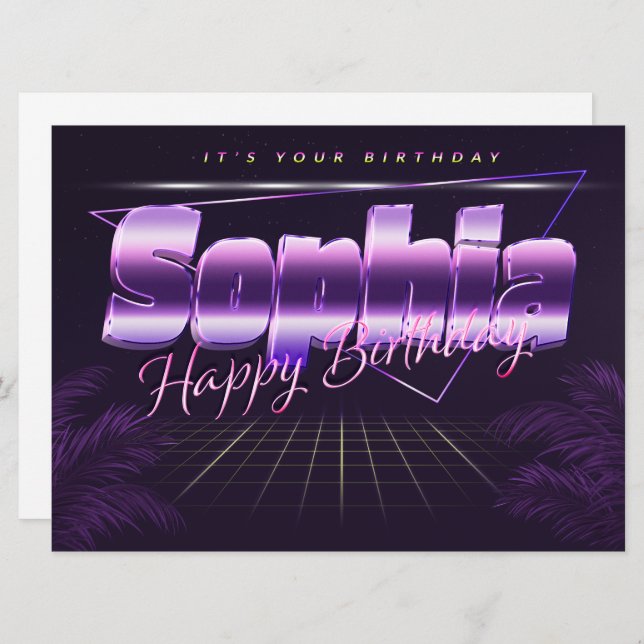 Sophia prénom carte rétro lilas pour anniversaire (Devant / Derrière)