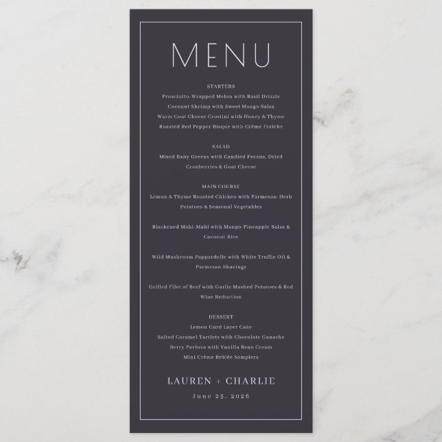 Sophisticated Charcoal Formal Menu (Devant)