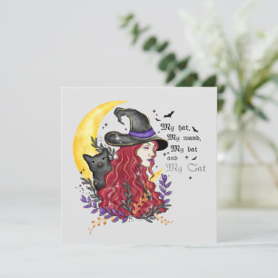 Sorcière avec chat noir et lune de croissant