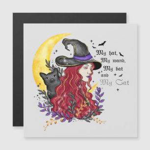 Sorcière avec chat noir et lune de croissant